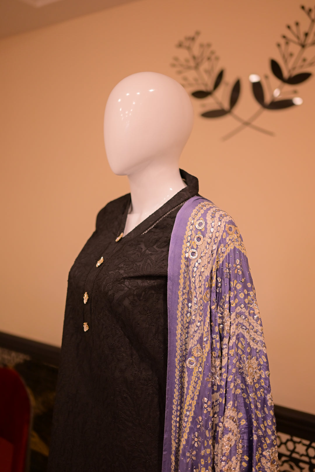 Stitched Chickenkari(Lawn) Kurta-black + Gaji Silk Shawl- Grey