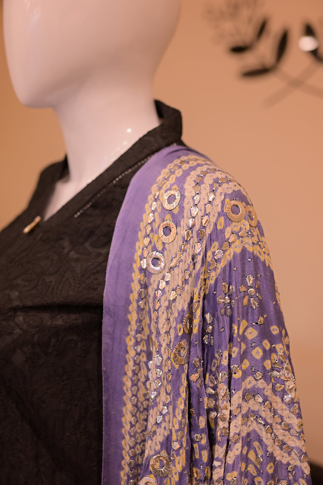 Stitched Chickenkari(Lawn) Kurta-black + Gaji Silk Shawl- Grey
