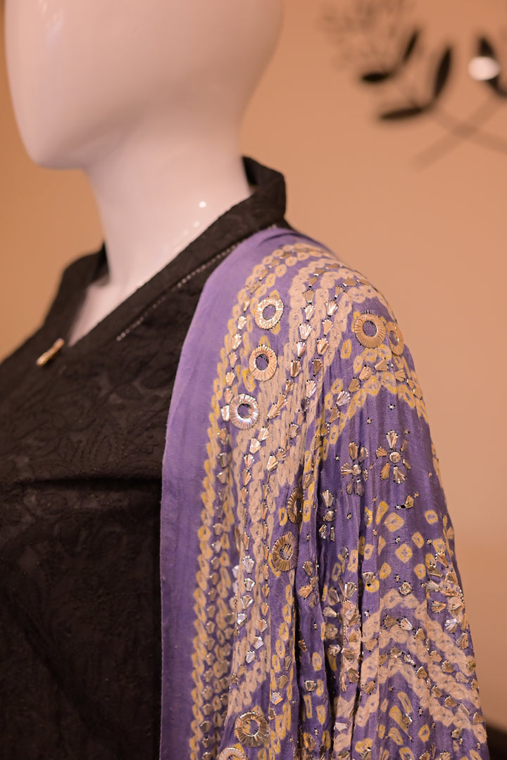 Stitched Chickenkari(Lawn) Kurta-black + Gaji Silk Shawl- Grey