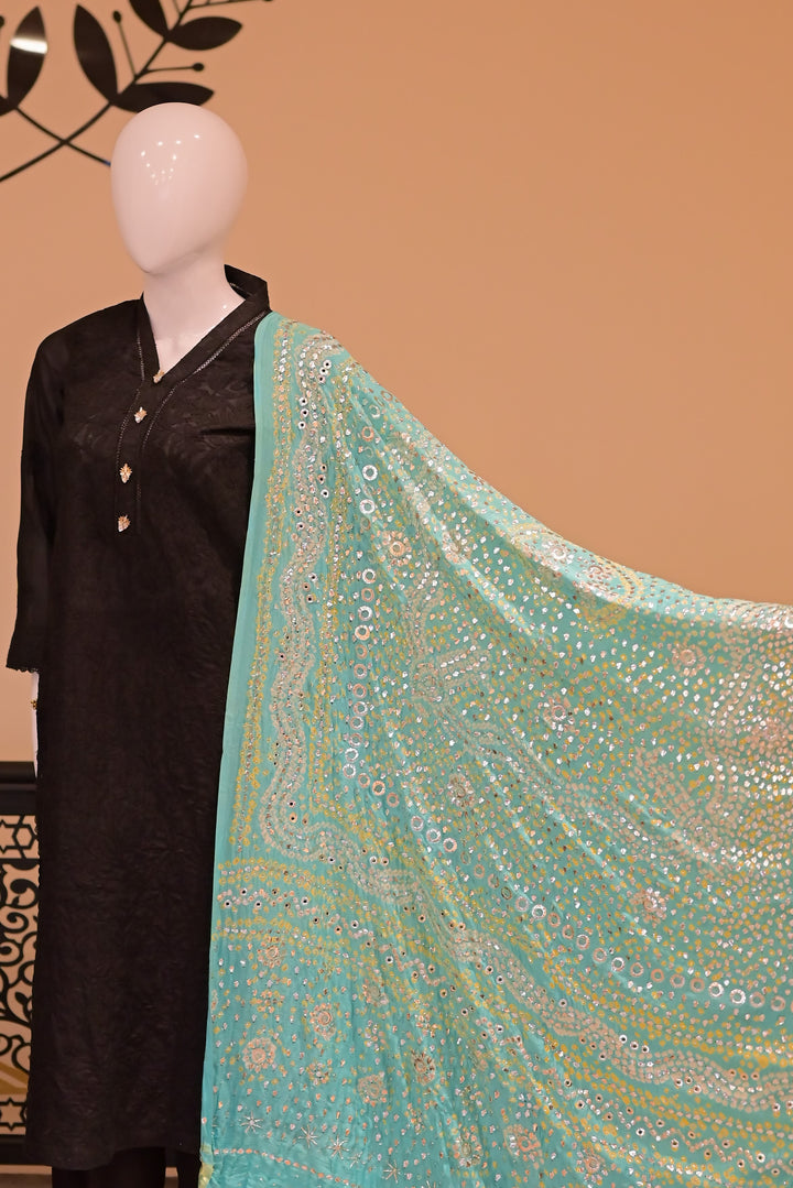 Stitched Chickenkari(Lawn) Kurta-Black + Gaji Silk Shawl- Sea Green