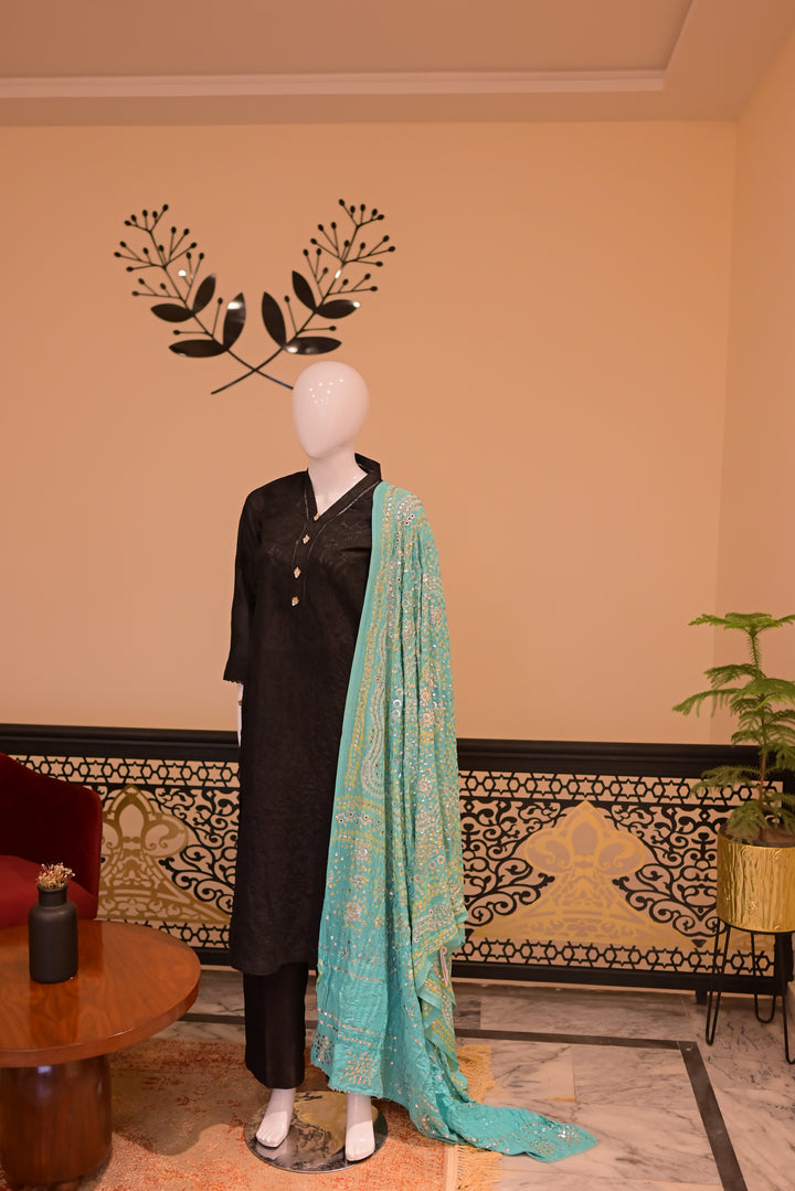 Stitched Chickenkari(Lawn) Kurta-Black + Gaji Silk Shawl- Sea Green