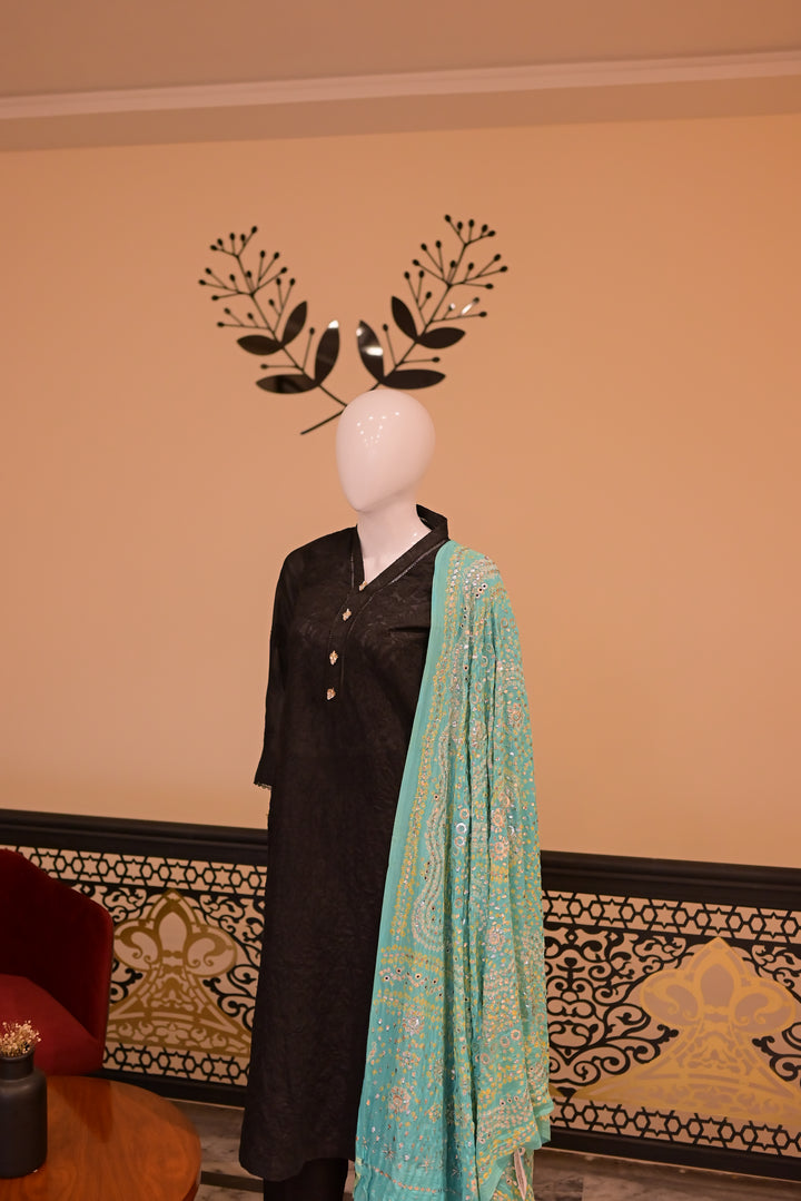 Stitched Chickenkari(Lawn) Kurta-Black + Gaji Silk Shawl- Sea Green