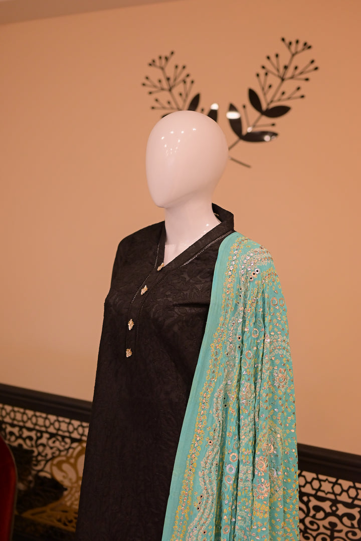 Stitched Chickenkari(Lawn) Kurta-Black + Gaji Silk Shawl- Sea Green