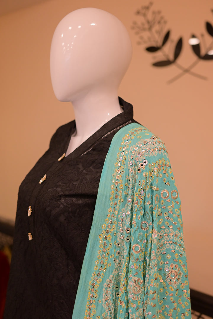 Stitched Chickenkari(Lawn) Kurta-Black + Gaji Silk Shawl- Sea Green
