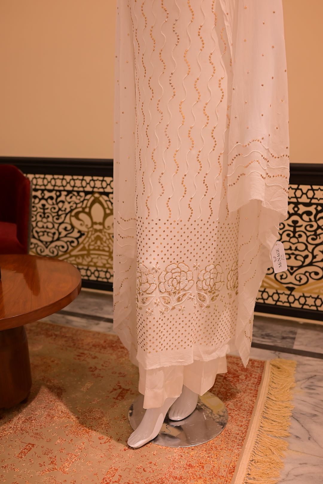 Unstitched Rose Pearl Mukesh (chiffon) shirt+dupatta (Mukesh & Sitara work)