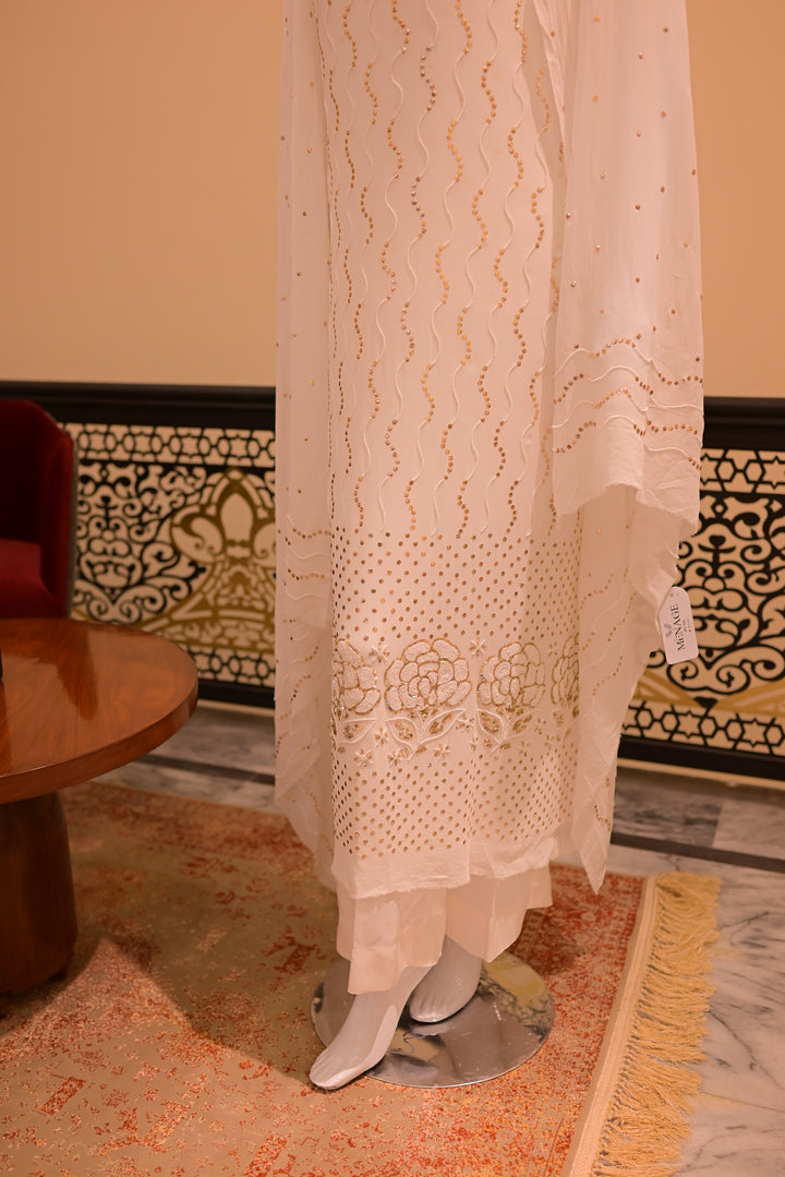 Unstitched Rose Pearl Mukesh (chiffon) shirt+dupatta (Mukesh & Sitara work)