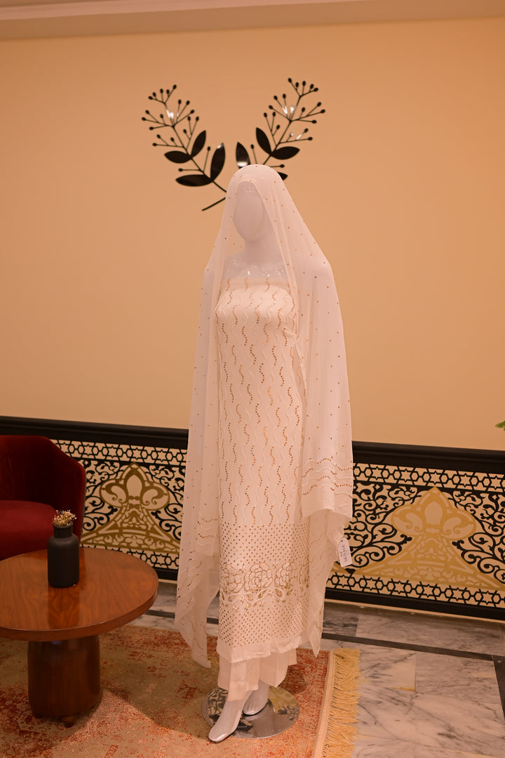 Unstitched Rose Pearl Mukesh (chiffon) shirt+dupatta (Mukesh & Sitara work)