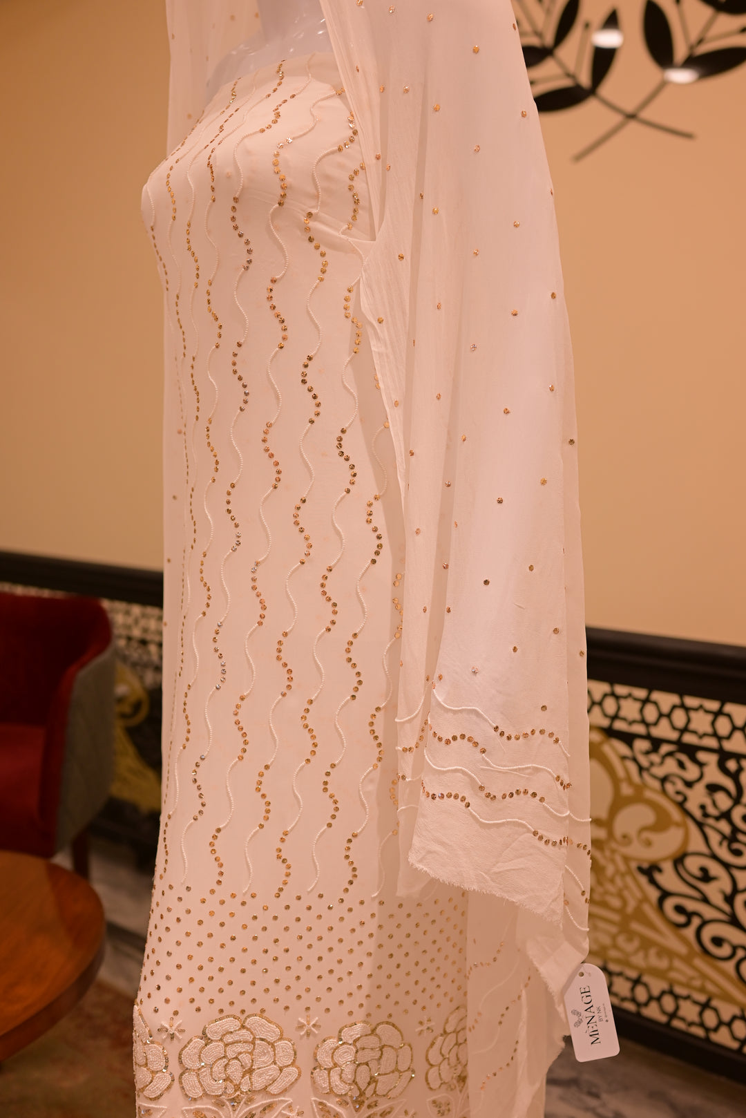 Unstitched Rose Pearl Mukesh (chiffon) shirt+dupatta (Mukesh & Sitara work)