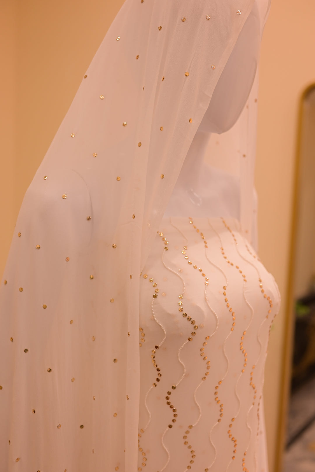 Unstitched Rose Pearl Mukesh (chiffon) shirt+dupatta (Mukesh & Sitara work)