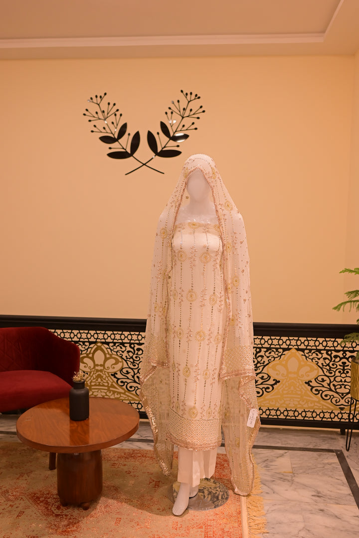Unstitched Gota Mukesh(Chiffon) Shirt+Dupatta-White(dyeable)