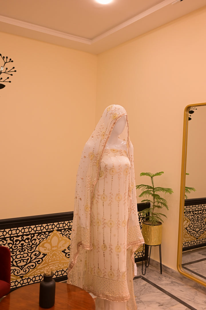 Unstitched Gota Mukesh(Chiffon) Shirt+Dupatta-White(dyeable)