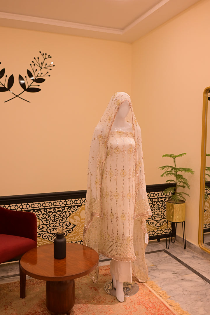 Unstitched Gota Mukesh(Chiffon) Shirt+Dupatta-White(dyeable)