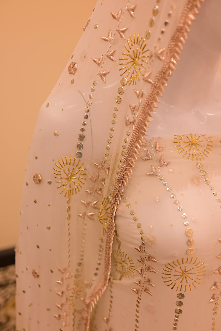 Unstitched Gota Mukesh(Chiffon) Shirt+Dupatta-White(dyeable)