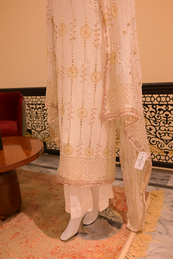 Unstitched Gota Mukesh(Chiffon) Shirt+Dupatta-White(dyeable)