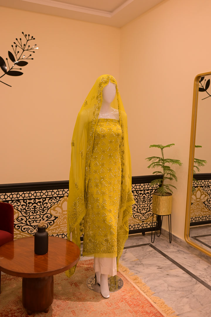 Unstitched Chiffom Mukesh Shirt+dupatta- dhani