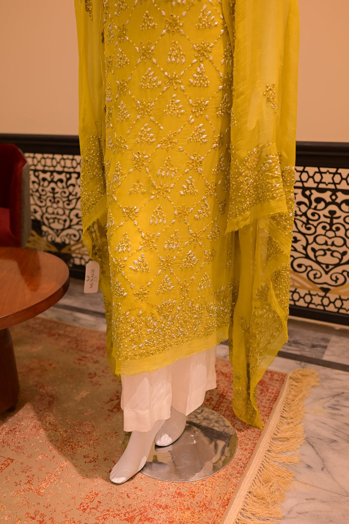 Unstitched Chiffom Mukesh Shirt+dupatta- dhani