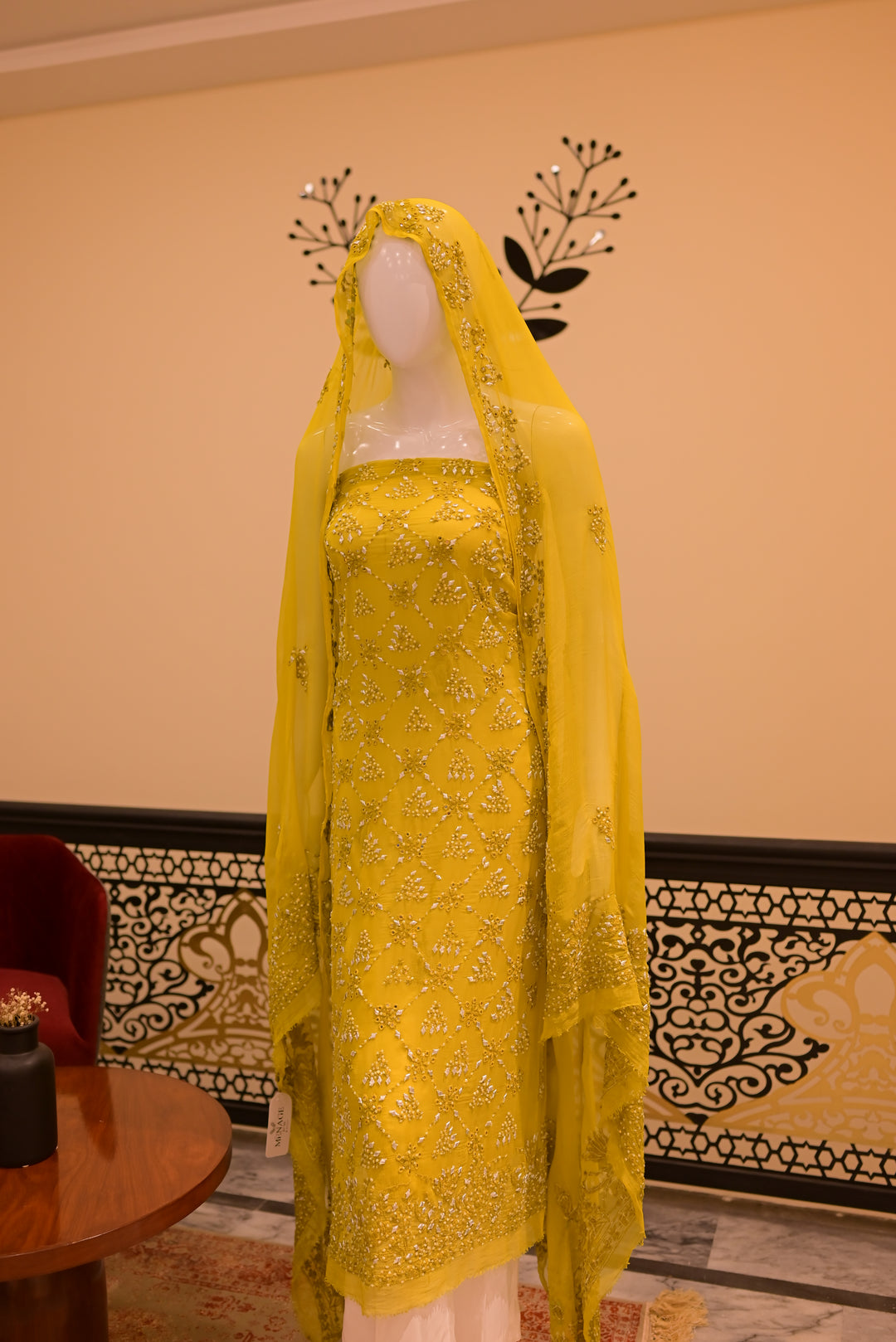 Unstitched Chiffom Mukesh Shirt+dupatta- dhani