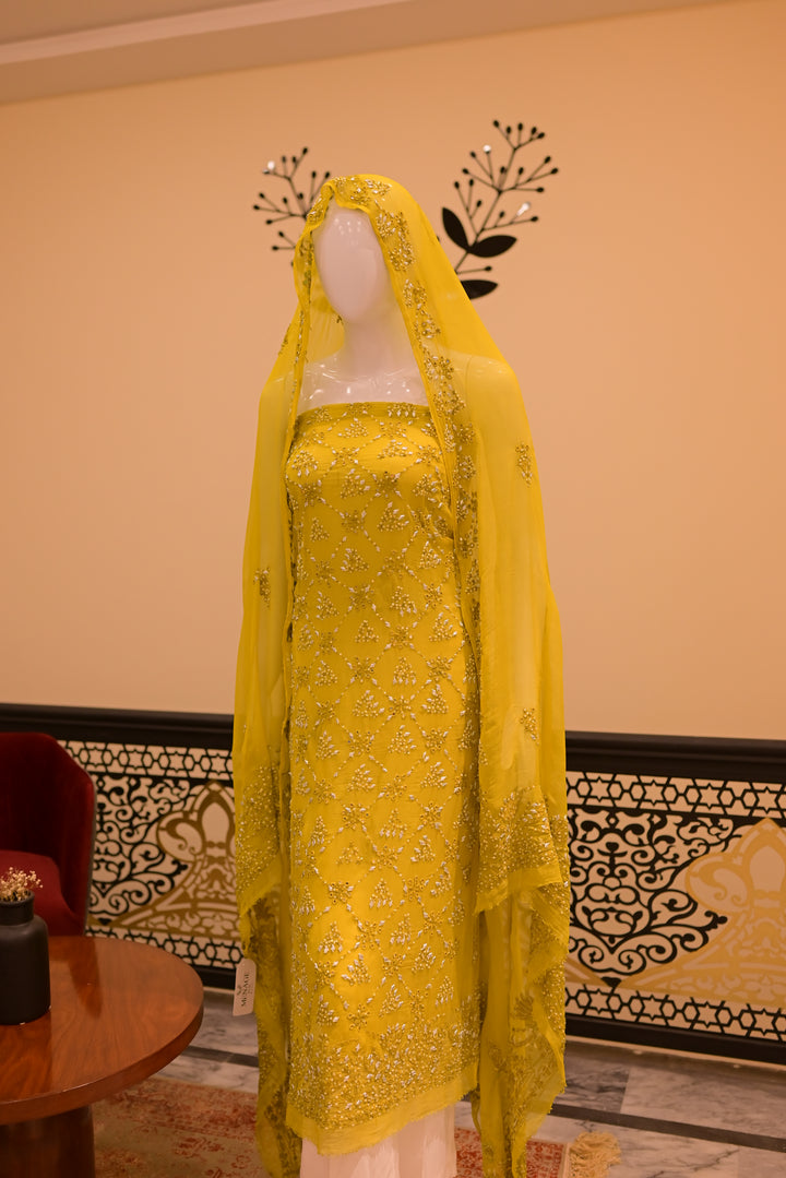 Unstitched Chiffom Mukesh Shirt+dupatta- dhani
