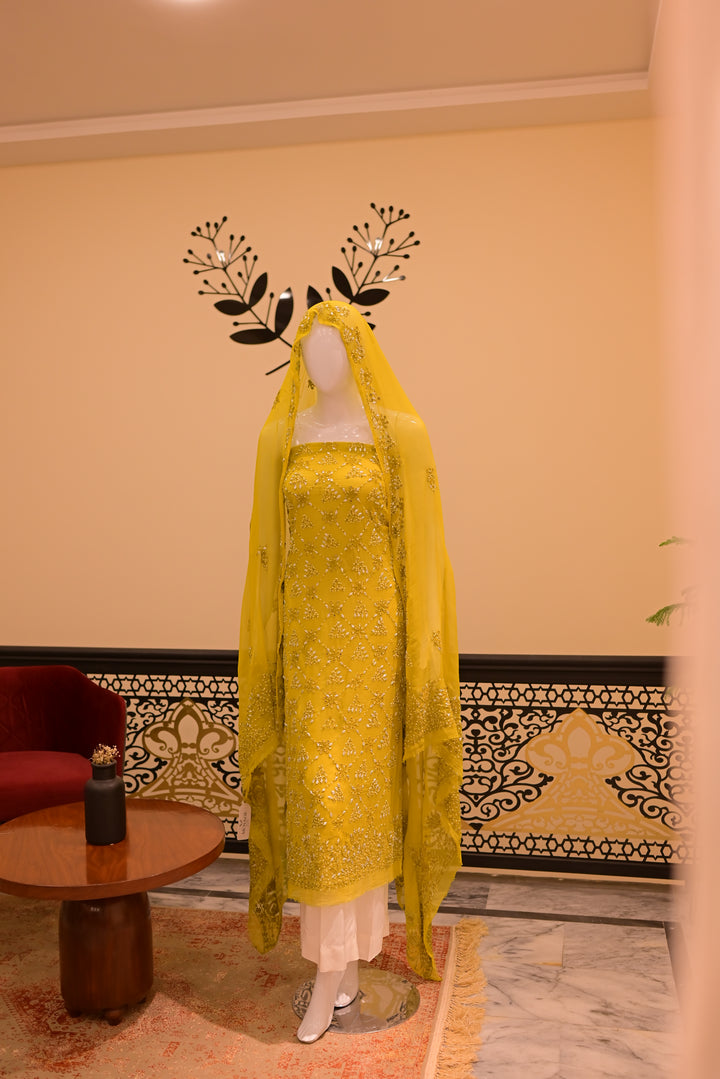Unstitched Chiffom Mukesh Shirt+dupatta- dhani