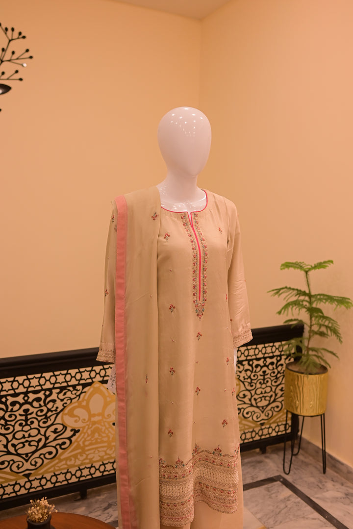 Stitched Silk Dress(18 gram) Shirt+Dupattta+Shalwar-Skin (Tarkashi+Threadwork)