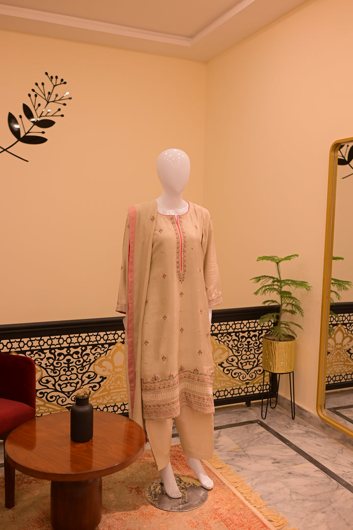 Stitched Silk Dress(18 gram) Shirt+Dupattta+Shalwar-Skin (Tarkashi+Threadwork)