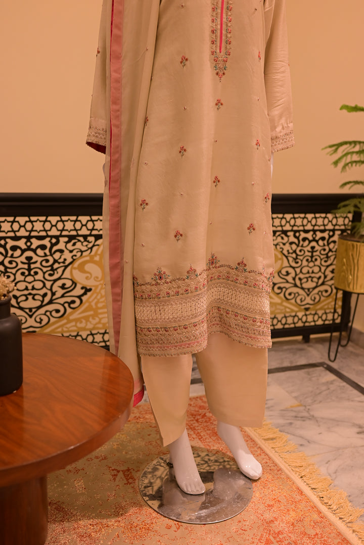 Stitched Silk Dress(18 gram) Shirt+Dupattta+Shalwar-Skin (Tarkashi+Threadwork)