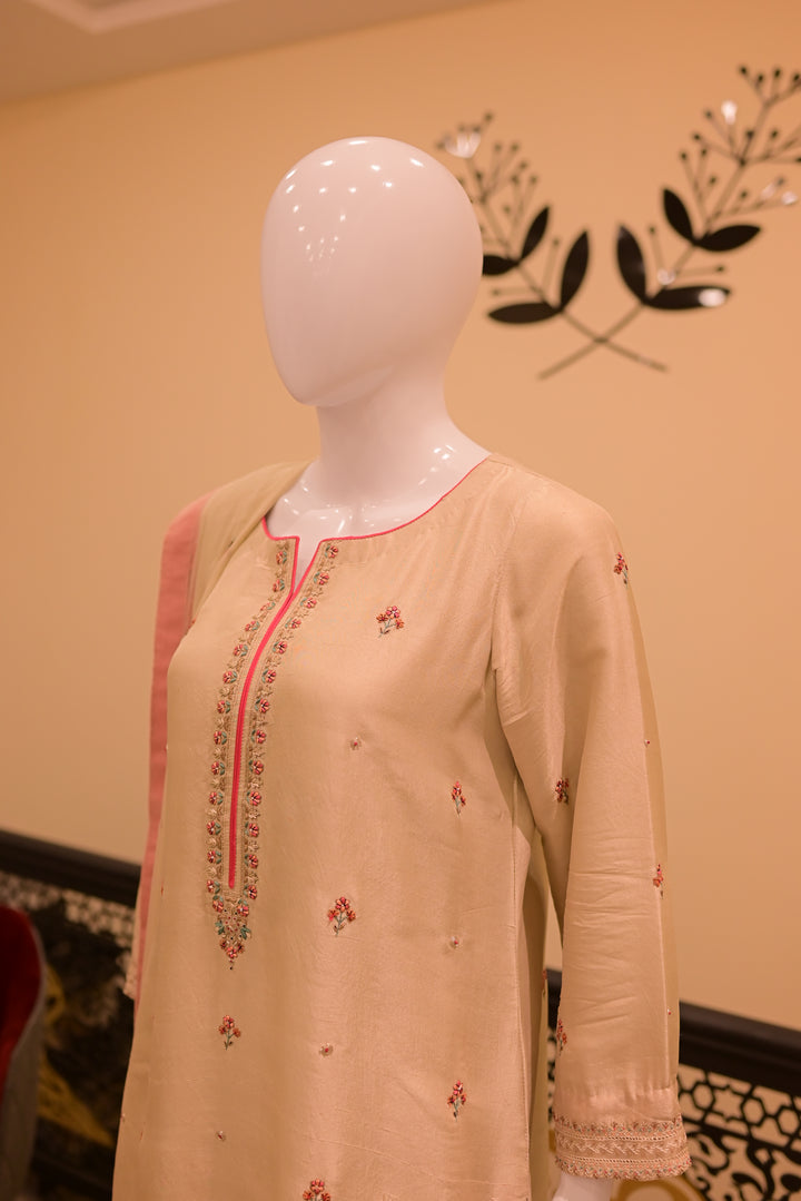 Stitched Silk Dress(18 gram) Shirt+Dupattta+Shalwar-Skin (Tarkashi+Threadwork)