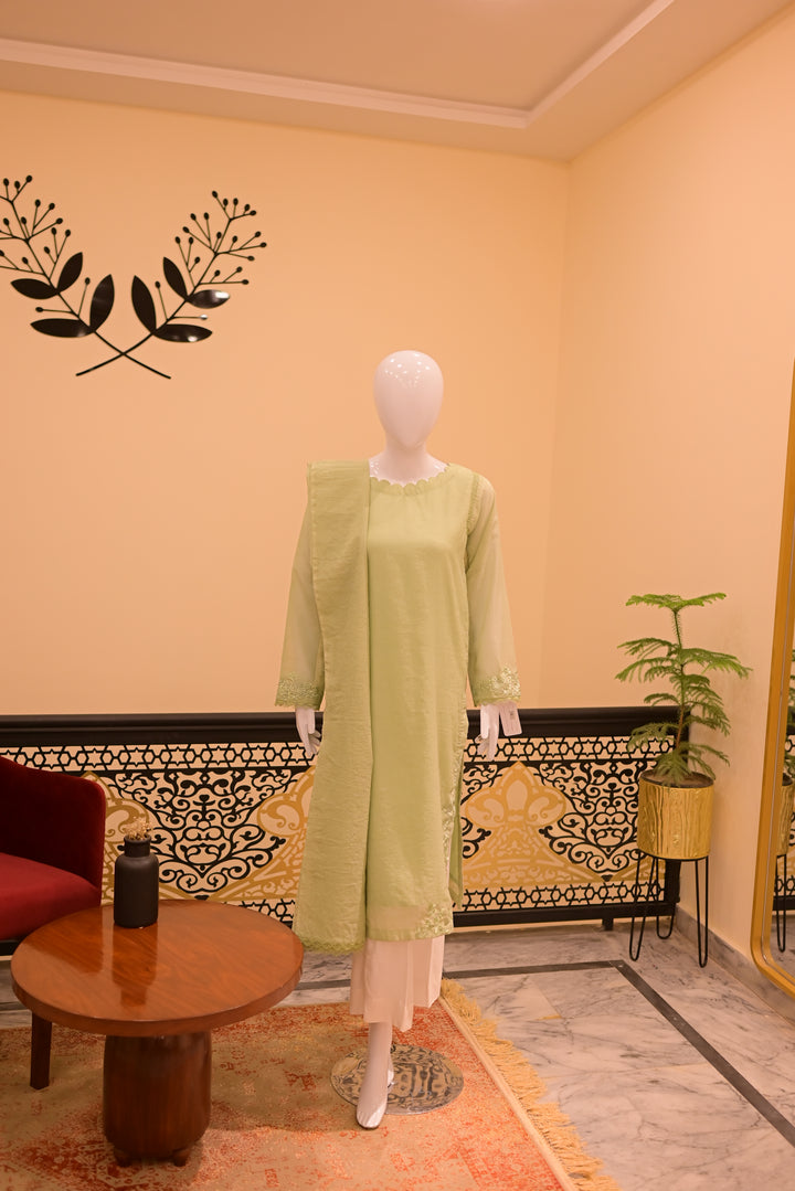 Stitched  Cotton net cutwork-Apple green