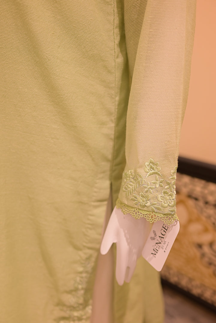 Stitched  Cotton net cutwork-Apple green