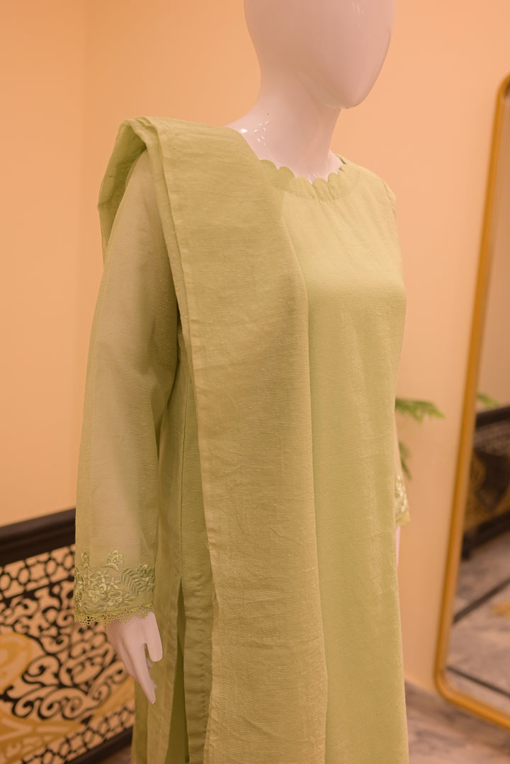 Stitched  Cotton net cutwork-Apple green