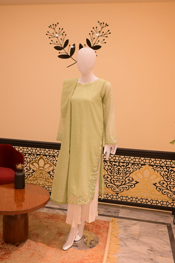 Stitched  Cotton net cutwork-Apple green