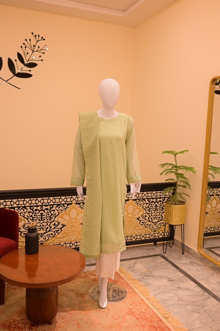Stitched  Cotton net cutwork-Apple green