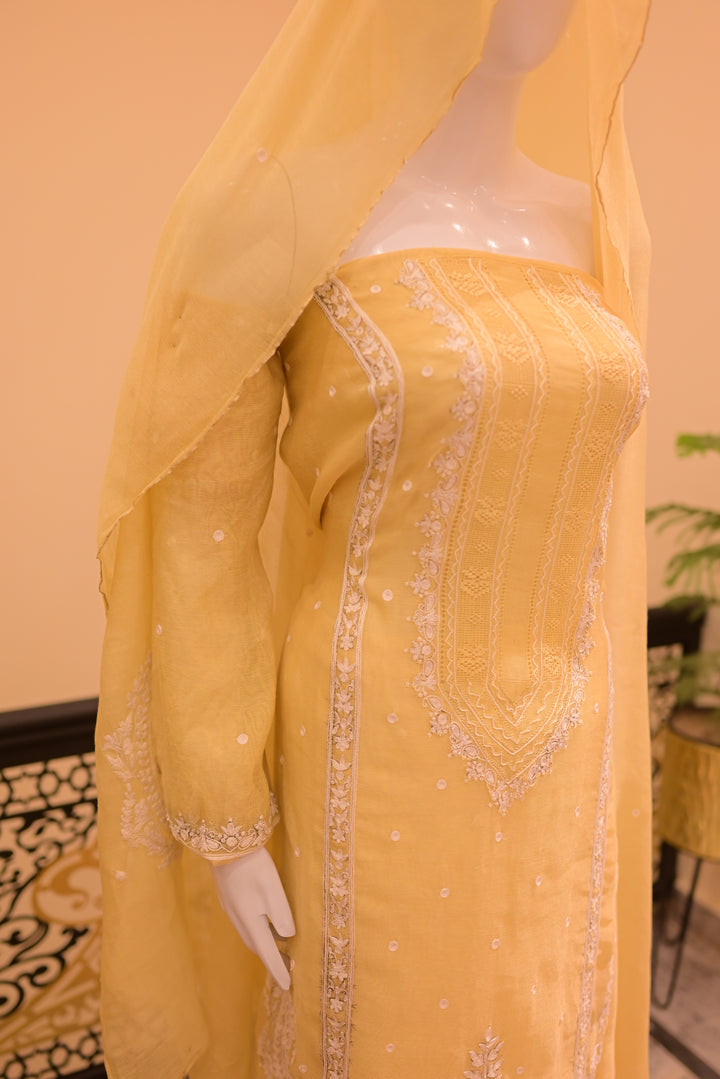 Unstitched 2 pc Cotton net Tarkashi-lemon yellow