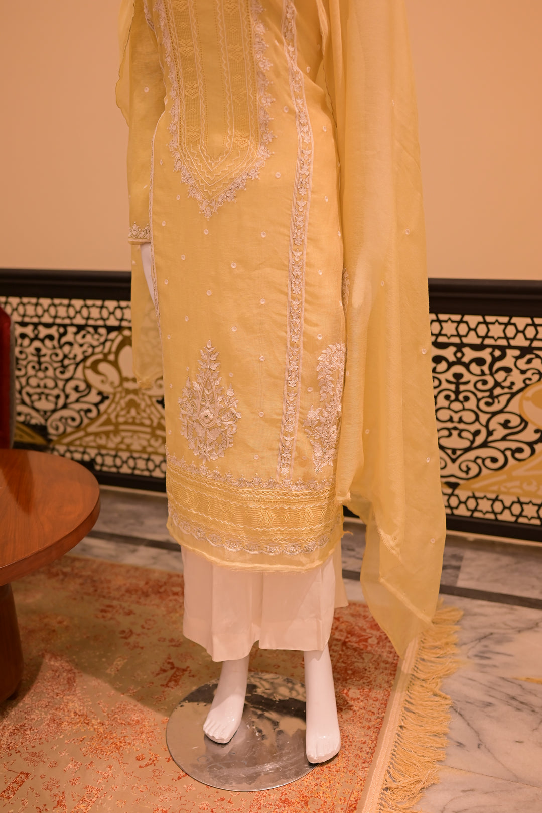 Unstitched 2 pc Cotton net Tarkashi-lemon yellow