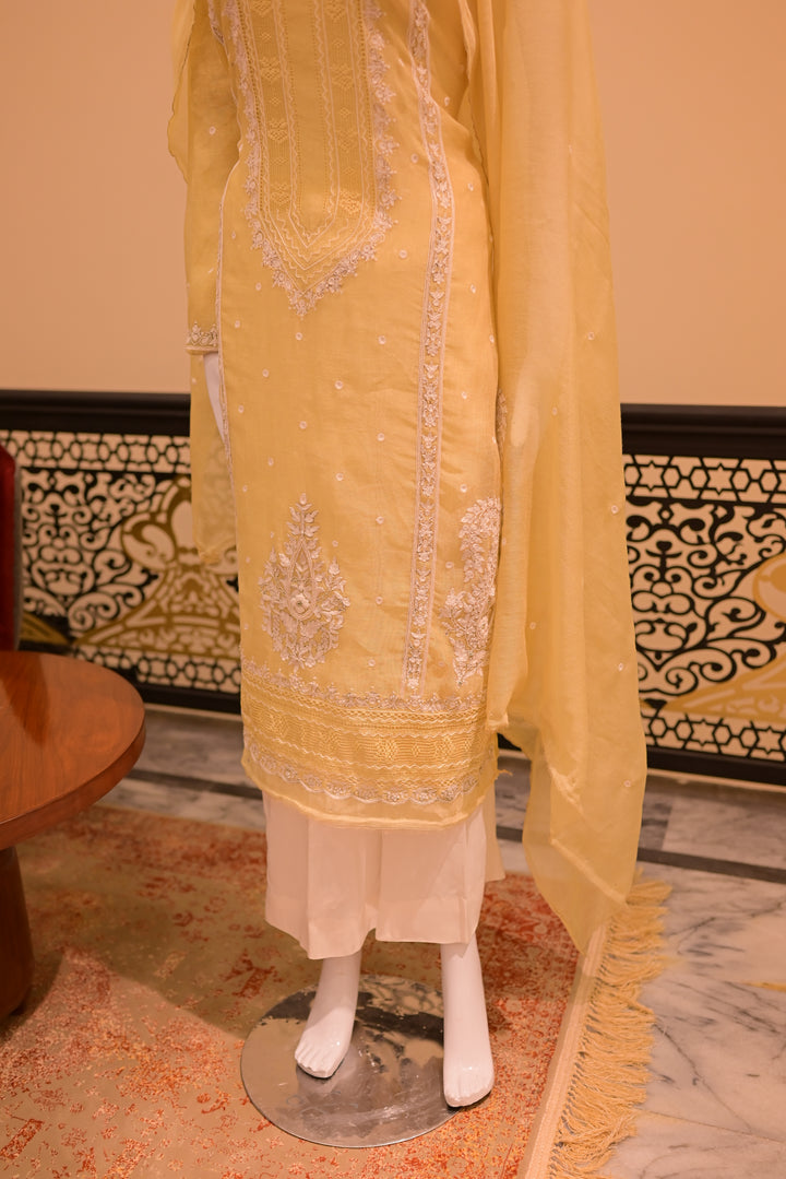 Unstitched 2 pc Cotton net Tarkashi-lemon yellow