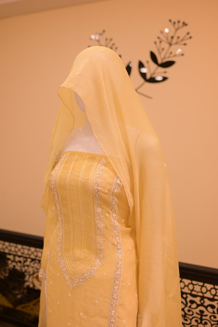 Unstitched 2 pc Cotton net Tarkashi-lemon yellow