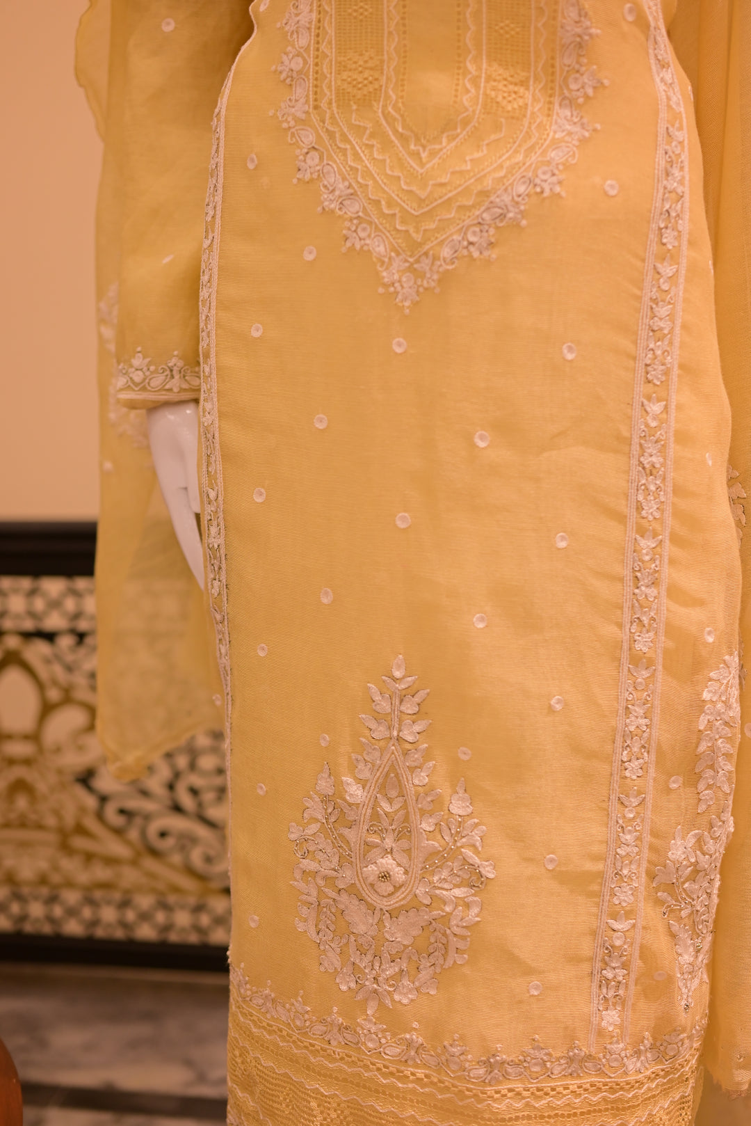 Unstitched 2 pc Cotton net Tarkashi-lemon yellow
