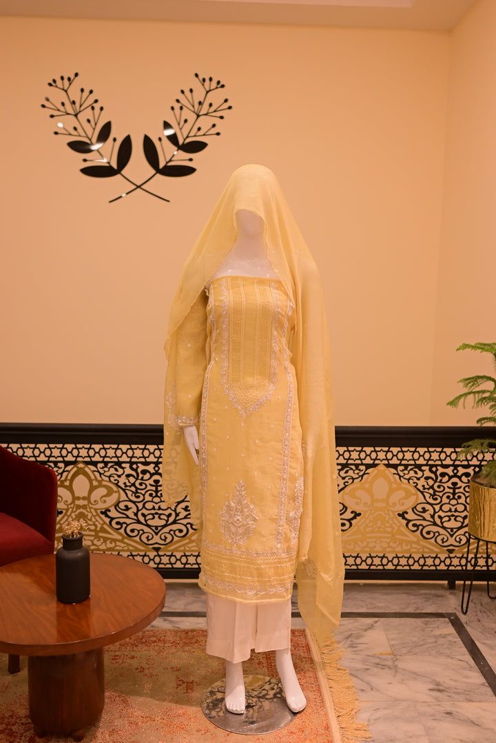 Unstitched 2 pc Cotton net Tarkashi-lemon yellow