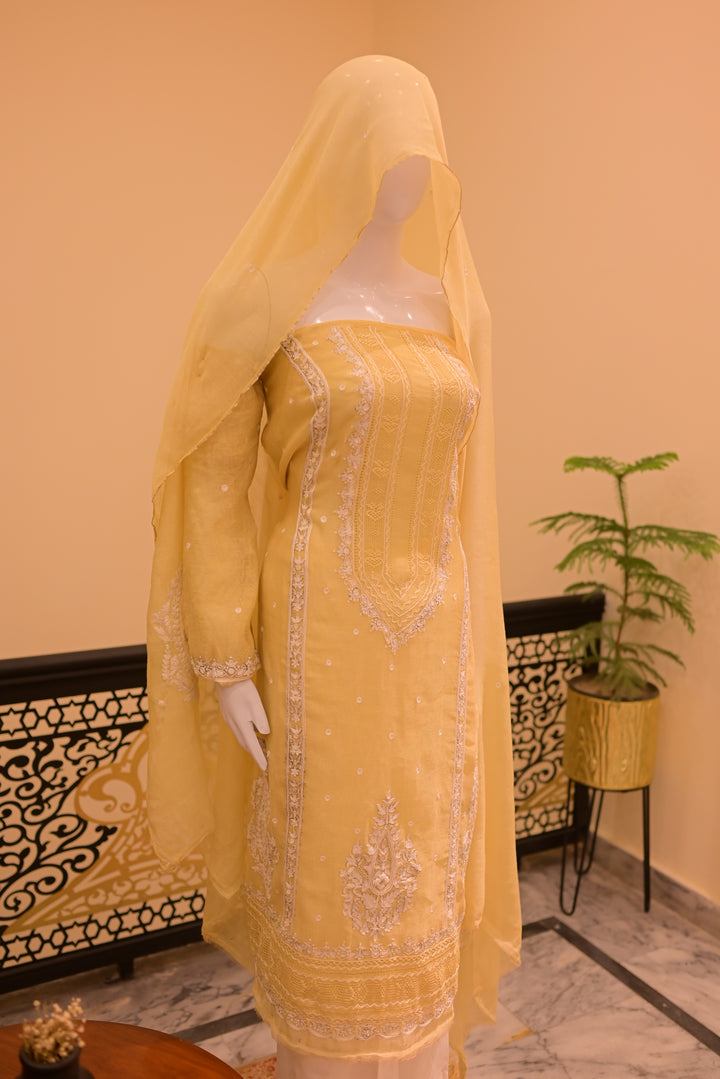 Unstitched 2 pc Cotton net Tarkashi-lemon yellow