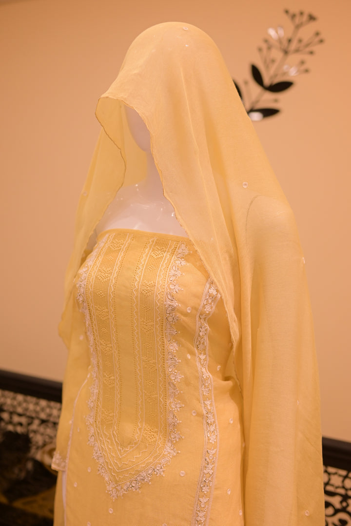 Unstitched 2 pc Cotton net Tarkashi-lemon yellow
