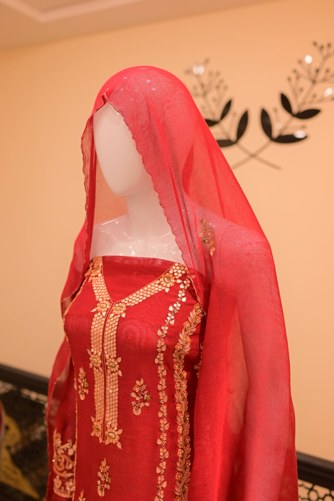 Unstitsched Cotton net cutwork 2pc Gota-Red