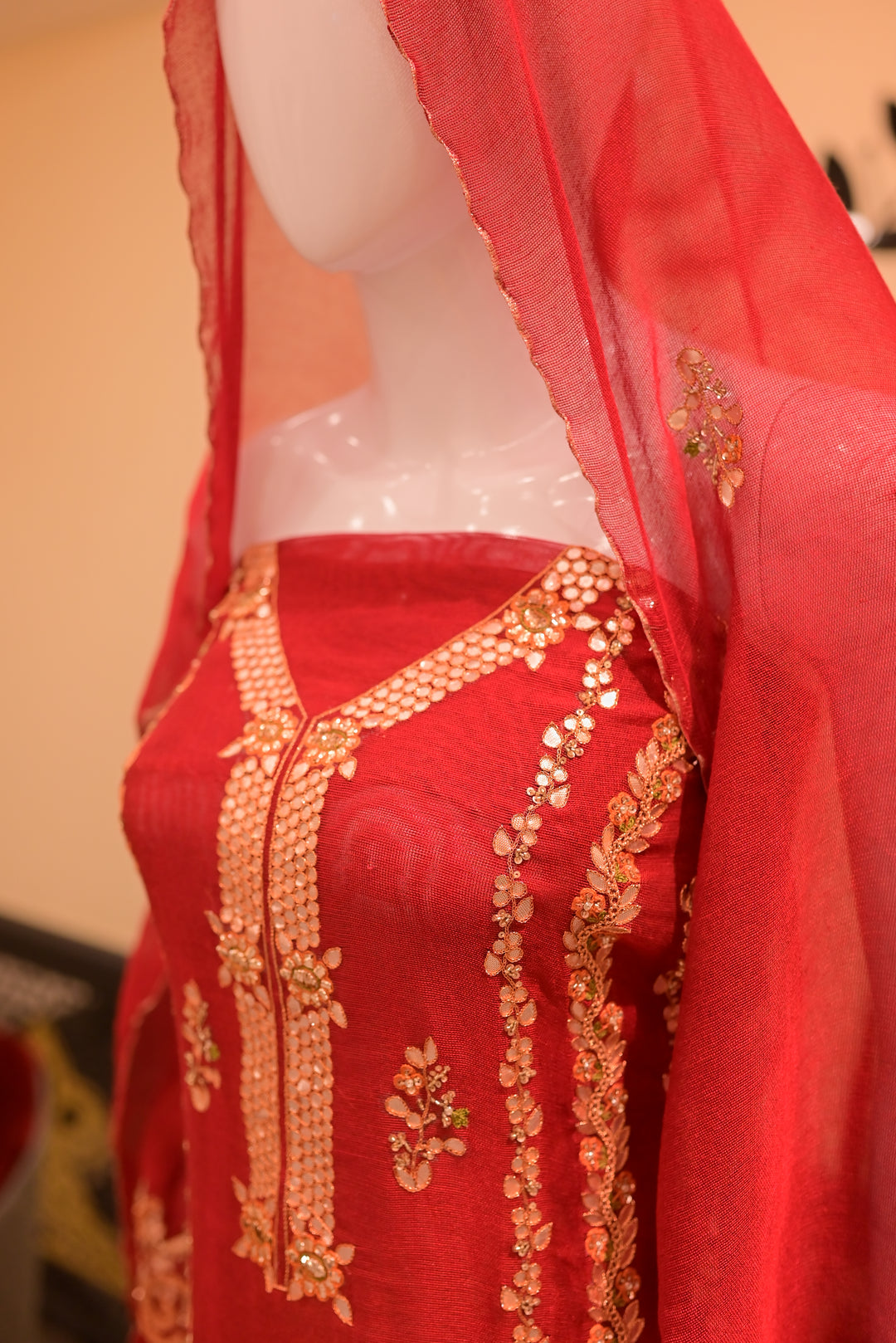 Unstitsched Cotton net cutwork 2pc Gota-Red