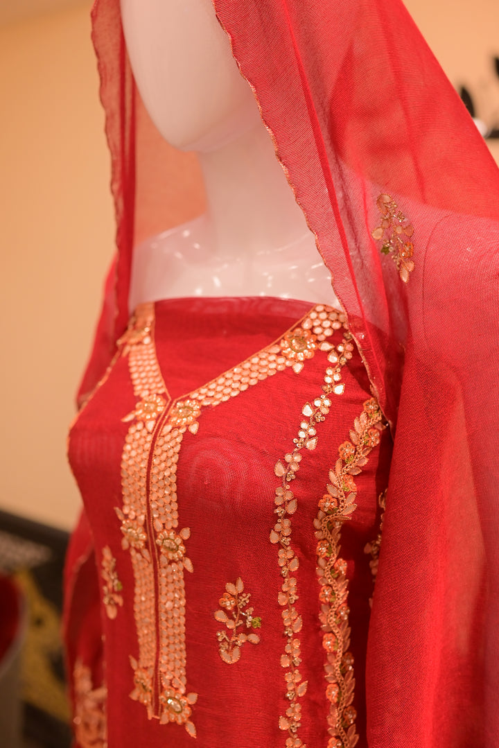 Unstitsched Cotton net cutwork 2pc Gota-Red