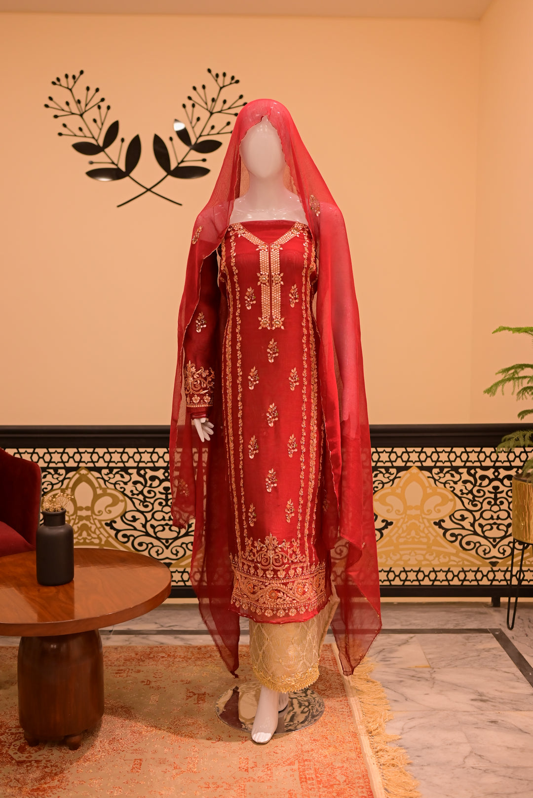 Unstitsched Cotton net cutwork 2pc Gota-Red