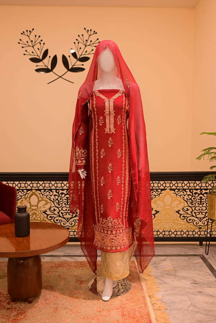 Unstitsched Cotton net cutwork 2pc Gota-Red