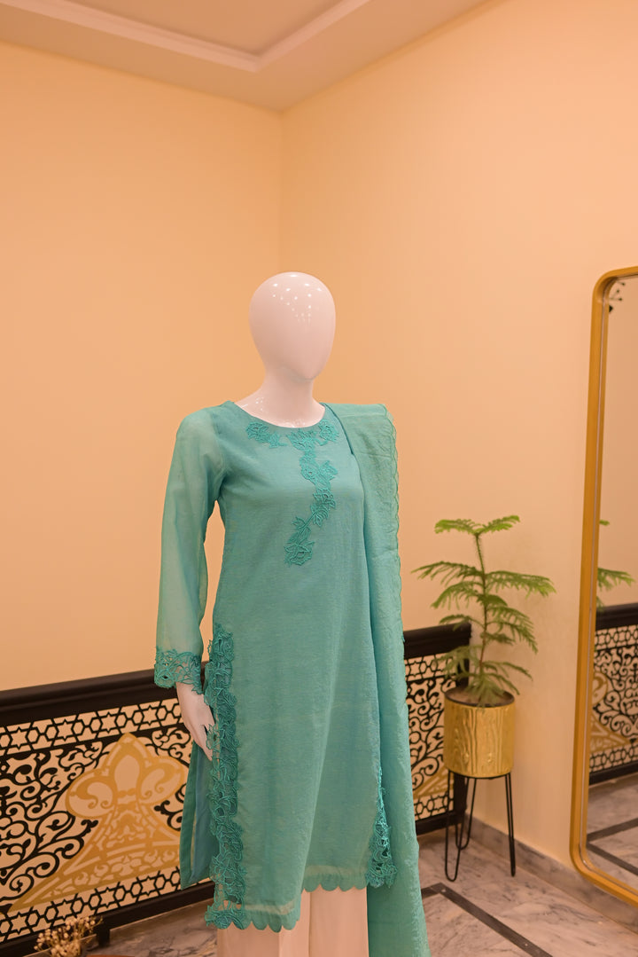 stitched cotton net 2pc Cutwork-teal
