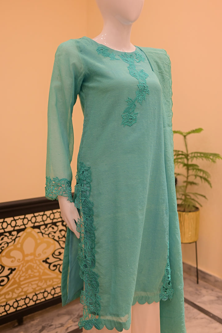 stitched cotton net 2pc Cutwork-teal