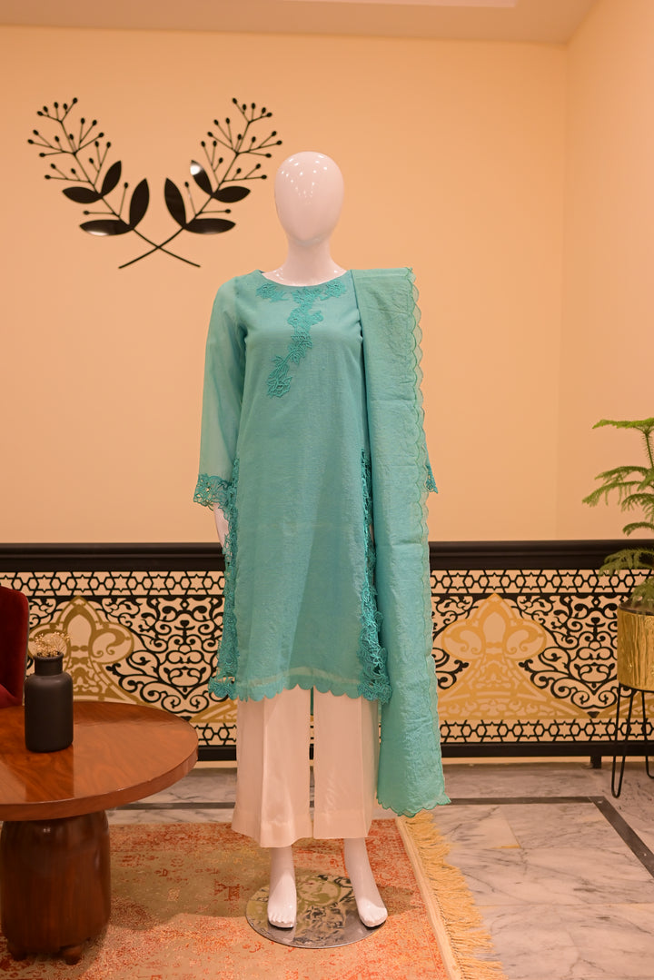 stitched cotton net 2pc Cutwork-teal