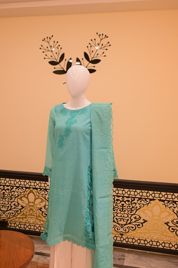 stitched cotton net 2pc Cutwork-teal