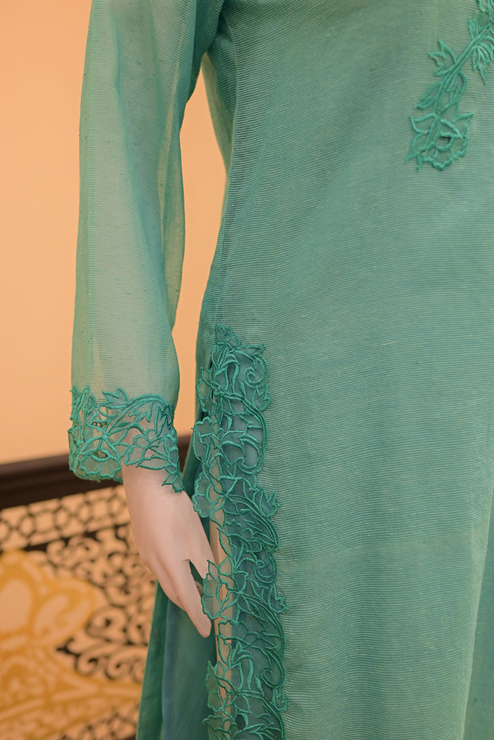 stitched cotton net 2pc Cutwork-teal